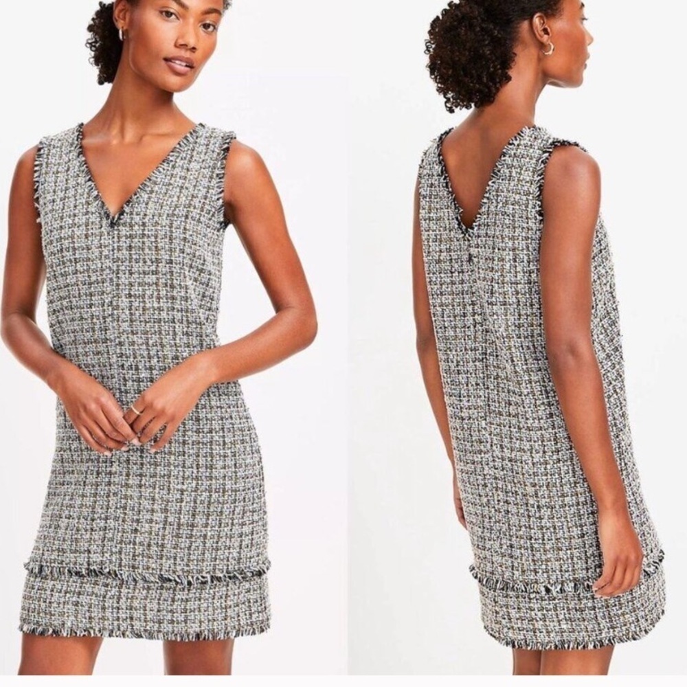 Loft Chic Tweed Sleeveless Dress women 4P gold black white office event fringe
